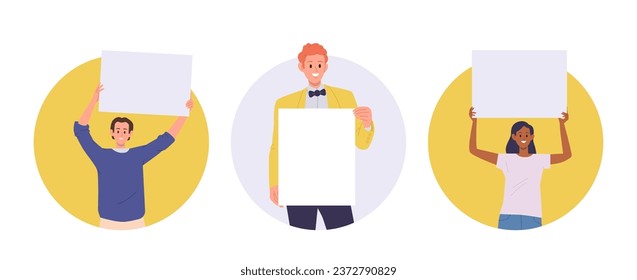 Positive diverse people activist or peaceful protester characters holding placard round composition