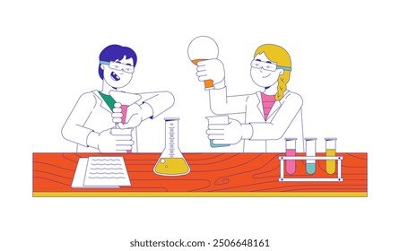 Positive diverse students working in chemical lab 2D cartoon characters. Boy and girl in coats studying chemistry isolated flat vector people white background. Education color spot illustration