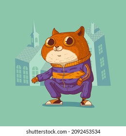 Positive dude cat, vector illustration. Funny smiling anthropomorphic cat, wearing a sport suit, sitting on his haunches against buildings' silhouettes. Animal character with human body. Furry artwork