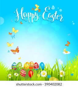 Positive easter background with eggs. Background for design card, banner,ticket, leaflet and so on.Template page with handwritten inscription Happy Easter. Holiday card. Place for text.
