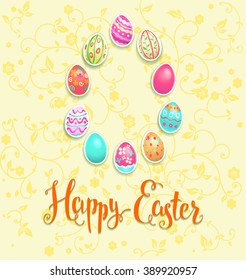 Positive Easter card  for design card, banner,ticket, leaflet and so on.Template page with handwritten inscription Happy Easter. Holiday card. Place for text.