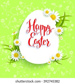 Positive Easter card and flowers. Background for design card, banner,ticket, leaflet and so on.Template page with handwritten inscription Happy Easter. Holiday card. Place for text.