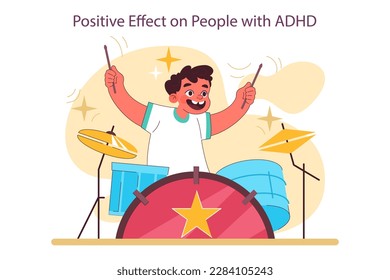 Positive effect of playing drums on people with ADHD. Little boy creative hobby and therapy. Young drummer practising or performing music, playing musical instrument. Flat vector illustration