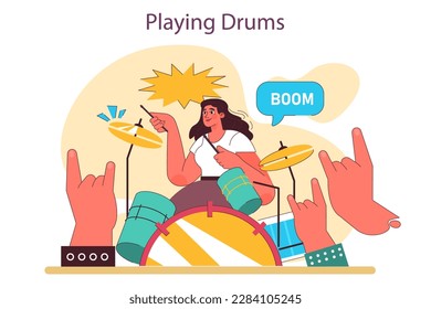 Positive effects of playing drums. Female character' creative hobby. Drummer practising or performing music, playing musical instrument. Flat vector illustration