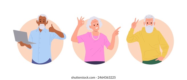 Positive elderly people cartoon characters with different gesture isolated round composition