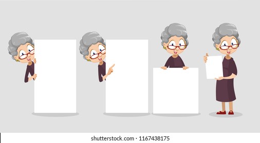 Mujer anciana positiva apuntando en banner en blanco con espacio para texto. Mujer mayor con gestos señaladores. Graciosa abuelita con una gran y pequeña pancarta blanca. Ilustración vectorial de la gente vieja