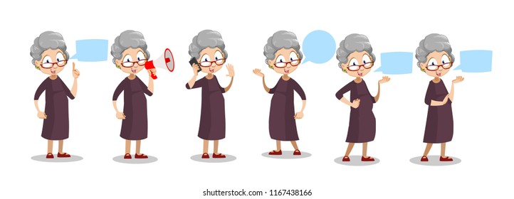 Positive elderly woman standing with blank speech bubble. Senior woman holding megaphone and pointing on speech bubble. Funny granny character in cartoon style. Old people vector illustration