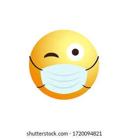 Positive emoji icon with medical mask. Virus protection. Medical mask smile illustration