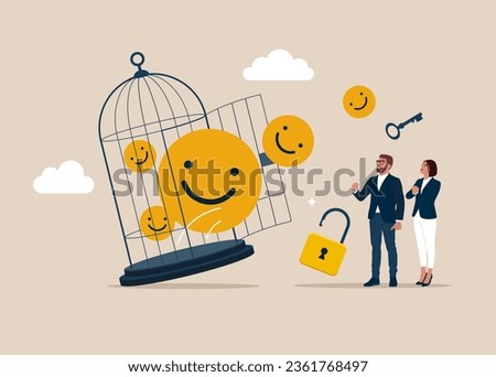Positive emoticons with key free himself from cage. 