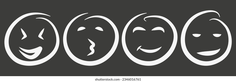 Positive emoticons. Set of four white abstract textured vector emoticons. Emoticons drawn with vector abstract line art. EPS 10.