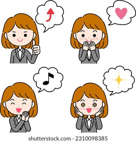 Positive emotion expression illustration of a woman in a suit with a speech bubble