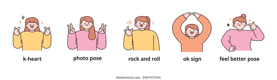 Positive emotion expression set-1. women upper body character. outline vector illustration.