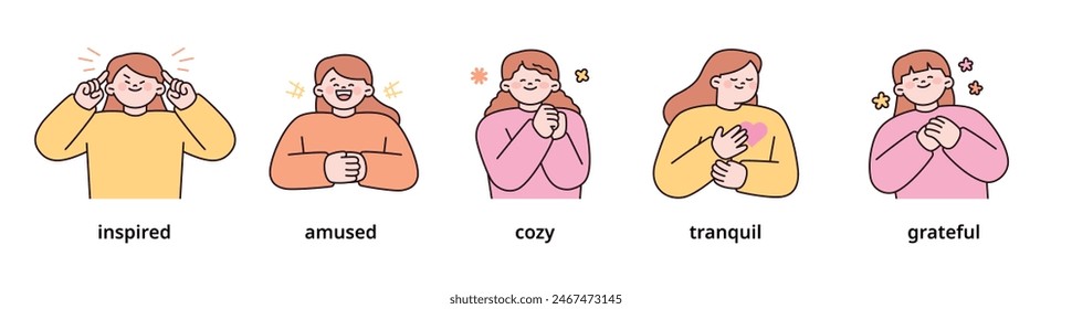 Positive emotion expression set-3. women upper body character. outline vector illustration.