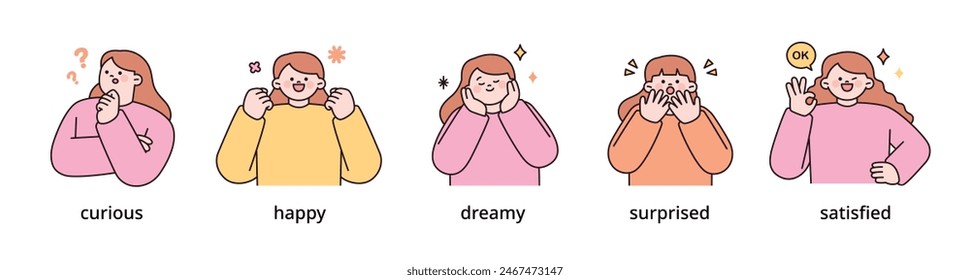 Positive emotion expression set-6. women upper body character. outline vector illustration.