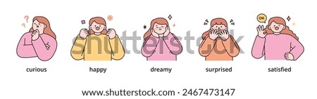 Positive emotion expression set-6. women upper body character. outline vector illustration.