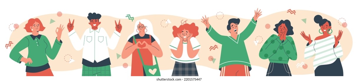 Positive emotion people set flat style, vector illustration on white background. Abstract geometric shapes, smiling men and women, happy and loving characters