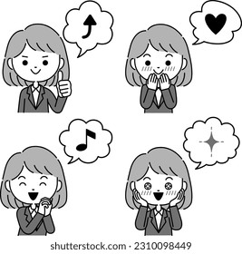 Positive emotional expression illustration of a woman in a suit with a speech bubble Monochrome