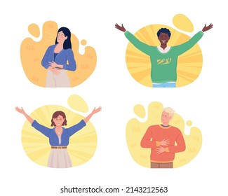 Positive emotions 2D vector isolated illustrations set. Laughing flat characters on cartoon background. Colourful scenes collection for mobile, website, presentation. Luckiest Guy Regular font used