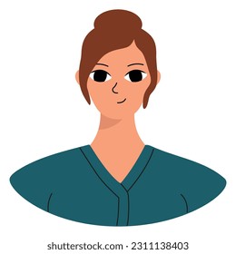 Positive emotions concept. Cartoon cute girlish face. Woman with happy smile. Isolated vector character

