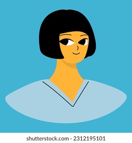 Positive emotions concept. Cartoon cute girlish face. Woman with happy smile. Isolated vector character
