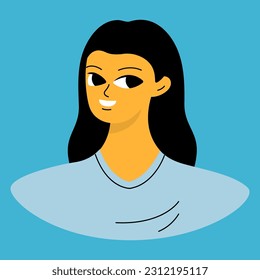 Positive emotions concept. Cartoon cute girlish face. Woman with happy smile. Isolated vector character
