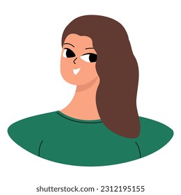 Positive emotions concept. Cartoon cute girlish face. Woman with happy smile. Isolated vector character
