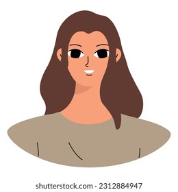 Positive emotions concept. Cartoon cute girlish face. Woman with happy smile. Isolated vector character
