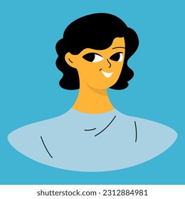 Positive emotions concept. Cartoon cute girlish face. Woman with happy smile. Isolated vector character
