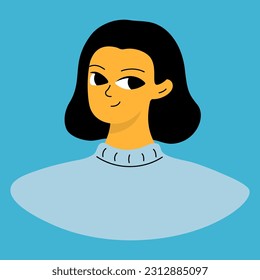 Positive emotions concept. Cartoon cute girlish face. Woman with happy smile. Isolated vector character
