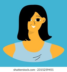 Positive emotions concept. Cartoon cute girlish face. Woman with happy smile. Isolated vector character
