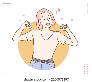 Positive emotions concept. Young woman feels proud and self confident. Hand drawn in thin line style, vector illustrations.