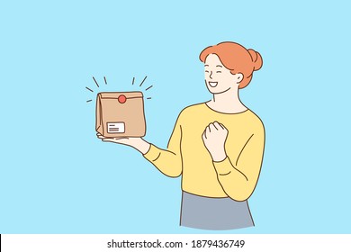 Positive emotions from delivery concept. Young smiling woman cartoon character holding takeaway paper bag parcel delivered to home and feeling happy celebrating victory and success vector illustration