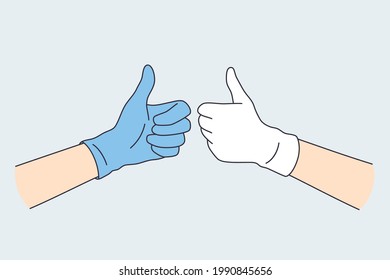 Las emociones positivas en el concepto de gestos. Manos humanas con guantes de látex azul y blanco mostrando el dedo arriba hacia arriba con la ilustración del vector de signos 