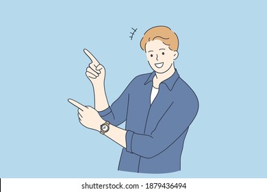 Positive emotions and gesturing concept. Young smiling man cartoon character wearing denim shirt standing looking at camera and pointing with two hands and fingers to side vector illustration 