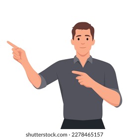 Positive emotions and gesturing concept. Young smiling man cartoon character wearing denim shirt standing looking at camera and pointing with two hands and fingers
