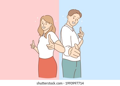 Positive emotions and good vibes concept. Young smiling cheerful couple woman and man cartoon characters standing pointing at camera showing thumbs up sign vector illustration 