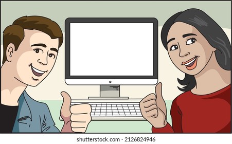 Positive emotions and good vibes concept. Young smiling cheerful couple showing thumbs up sign 