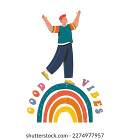 Positive emotions and good vibes concept. Young smiling cheerful man cartoon character walks on the rainbow standing. Smiled boy opens arms and creates good vibe around his. Vector illustration