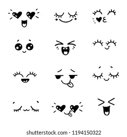 Positive emotions or hand drawn illustration emoji faces expressions. Vector cartoon style comic sketch icons set