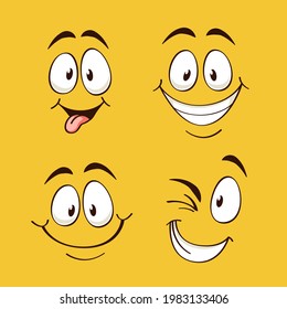 Positive emotions. Happy faces on yellow background, comic eyes brows and mouth, square cards, online emoji collection, emoticon design, funny expressions, vector cartoon isolated set