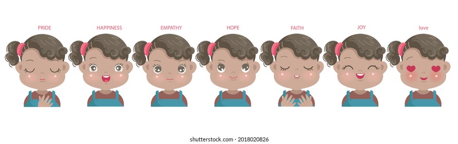 positive emotions set of african little girl face. child expressing pride, happiness, empathy, hope, faith, joy and love