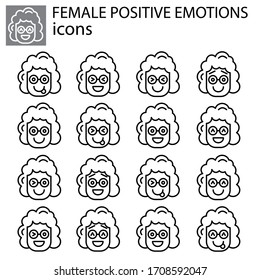 positive emotions set vector female, girl linear icon. positive facial expression emoticon vector sign, symbol black on white background