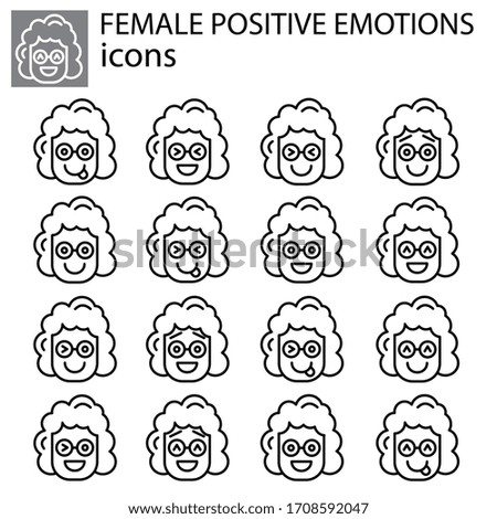 positive emotions set vector female, girl linear icon. positive facial expression emoticon vector sign, symbol black on white background