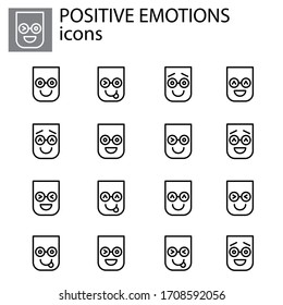 positive emotions set vector linear icon. positive facial expression emoticon vector sign, symbol black on white background