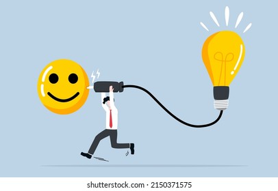 Positive energy produce creative thinking or innovative idea, emotional intelligence bring best solution to solve work problem concept. Businessman running to charge light bulb idea with happy face.