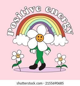 Positive energy. A rainbow with clouds, and a smiling flower character goes with flowers. Fashionable design for stickers, greeting cards, prints on T-shirts, posters