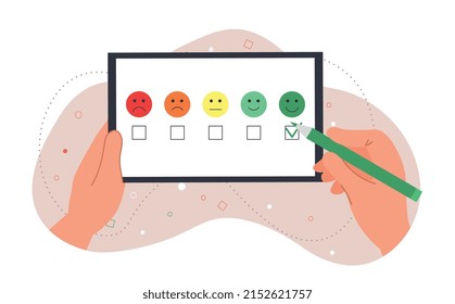 Positive evaluation concept. Hand with pencil indicates emotions from product. Consumer surveys and feedback collection. Modern technologies and marketing methods. Cartoon flat vector illustration