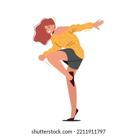 Diversión positiva de mujer emocionada, vida nocturna, ocio activo, fiesta de discoteca. Niña en el club nocturno bailando y saltando en el suelo disco aislada de fondo blanco. Ilustración de vectores de personas de caricatura