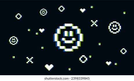 Positive experience vector illustration. Happy face, small hearts in pixel style with glitch effects for online gaming, arcades. Background for website for stream in retro style. You win, winner. 