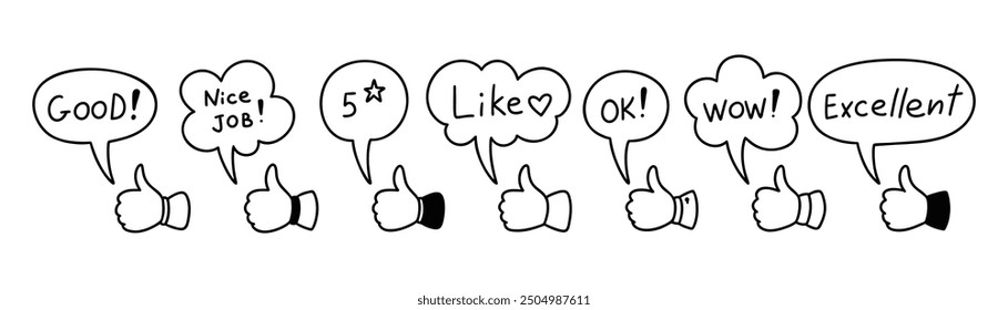 Positive expressions speech bubbles. Thumb up cute line doodle icon. Nice job, excellent, five star rate, wow, ok, like text. Social media post evaluation. Followers’ emotions